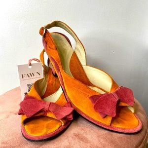 John Fluevog “Miss June” Slingback Suede Wedges